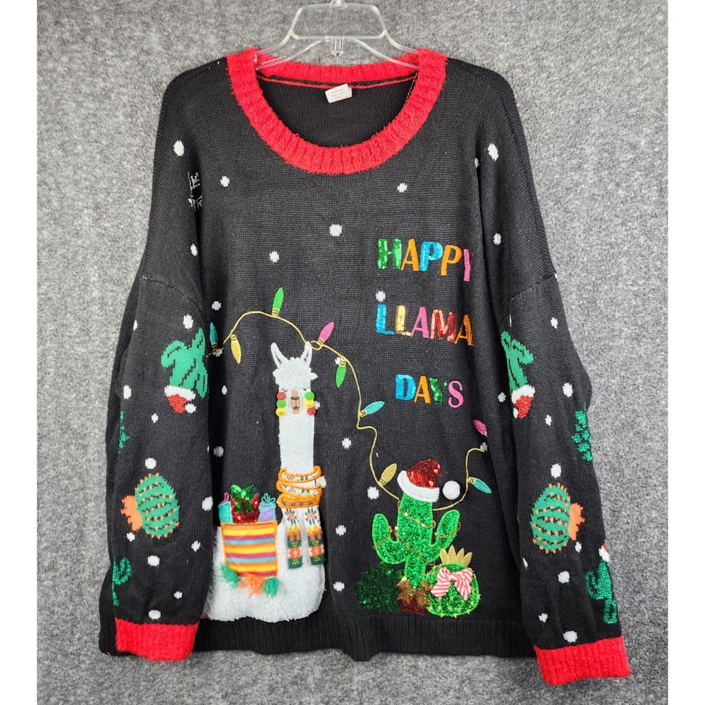 Holiday Time Sweater Womens 3X Happy Llama Days Black Sequin Ugly Christmas EUC